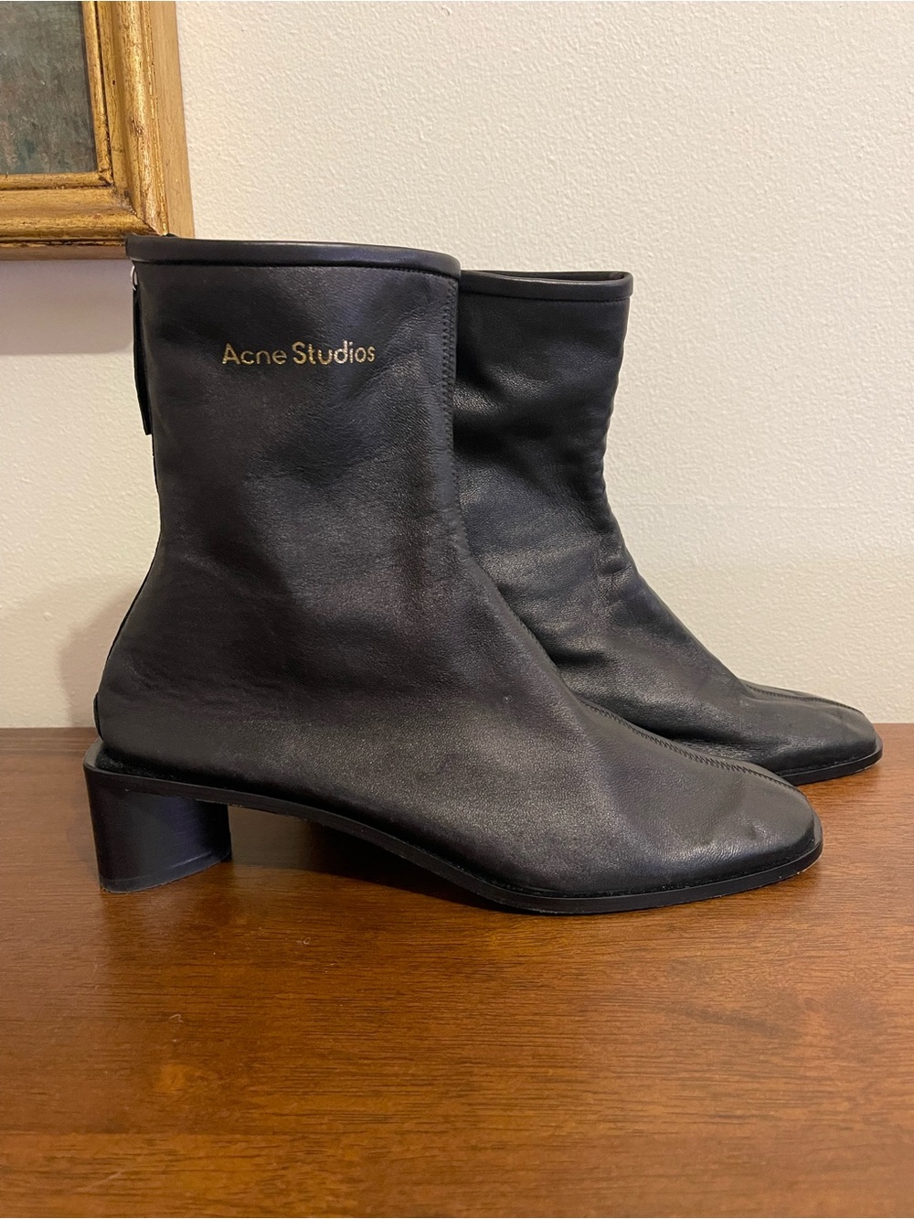 Acne Black Leather Mid Heel Ankle Booties size IT 38